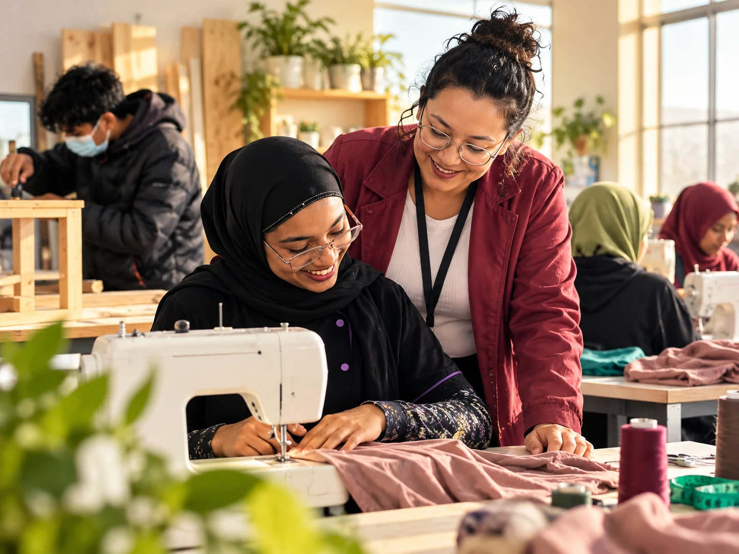Illustration of a student receiving sewing guidance in a learning workshop